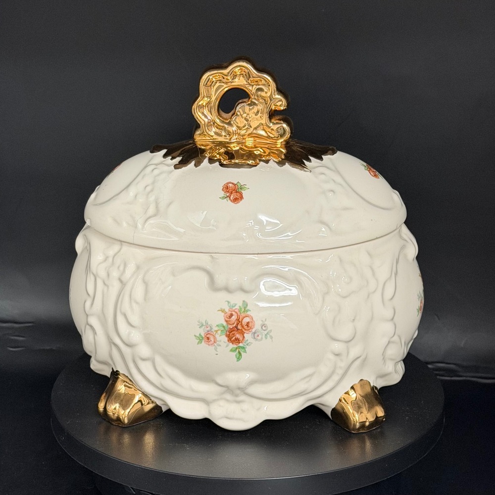 Vtg Porcelain Powder Jar Trinket Box Gold‎ Gilt Floral Ornate Vanity Dresser 6in